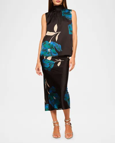 Misa Luka Floral Satin High-neck Top In Night Shade Flr Stn