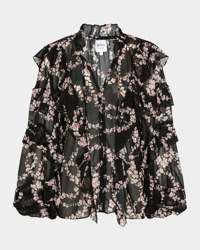 Misa Lupe Chained Blossom Ruffled Chiffon Blouse In Black