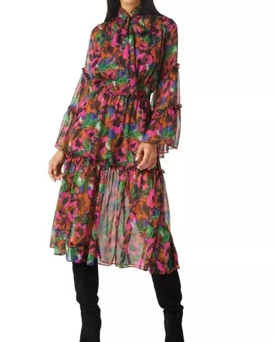 Misa Merce Ruffle Neck Floral Tiered Midi Dress In Multicolor