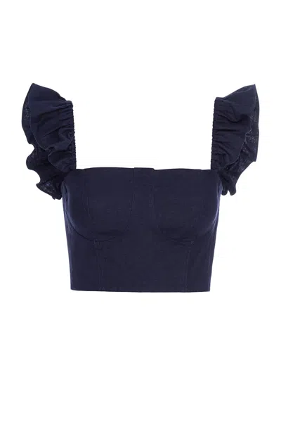 Misa Miya Top In Navy Linen In Animal Print