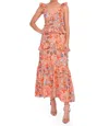 Misa Morrison Sleeveless Floral Poplin Tiered Ruffle Midi Dress In Orange