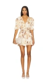 Misa Caria Blouson-sleeve Tie-waist Mini Dress In Golden Straw Satin