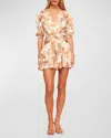Misa Caria Blouson-sleeve Tie-waist Mini Dress In Golden Straw Satin