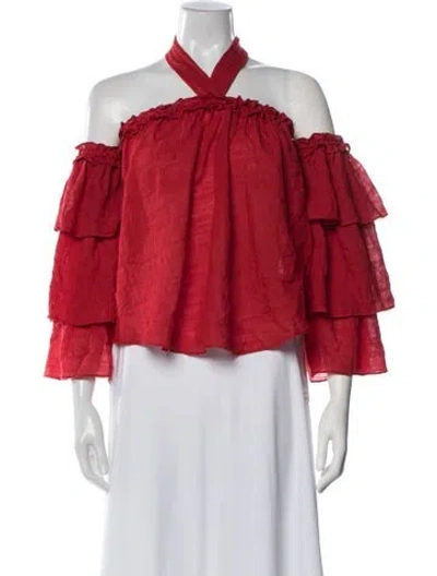 Pre-owned Misa Off-the-shoulder Short Sleeve Top In Red
