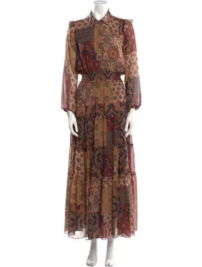 Pre-owned Misa Paisley Print Long Dress In Brown