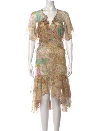 Pre-owned Misa Paisley Print Midi Length Dress In Green