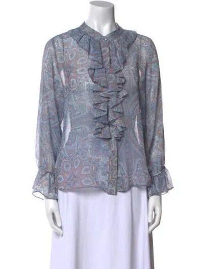 Pre-owned Misa Paisley Print Mock Neck Blouse In Blue