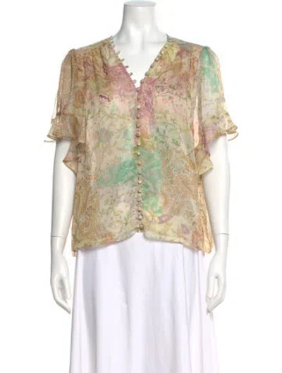 Pre-owned Misa Paisley Print V-neck Blouse In Neutral