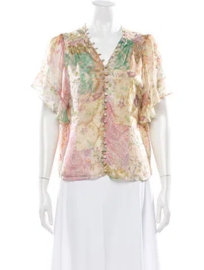 Pre-owned Misa Paisley Print V-neck Blouse In Neutrals