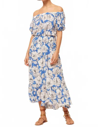 Misa Paola Off The Shoulder Midi Dress In Gardenia Crinkle In Blue