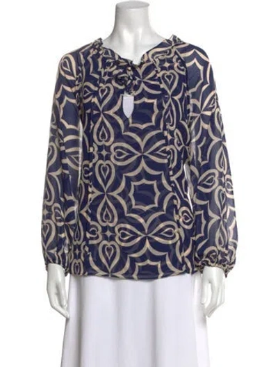 Pre-owned Misa Patterned Tie Neck Blouse In Blue