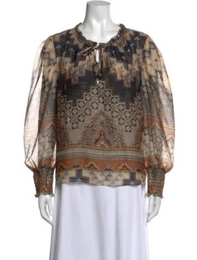 Pre-owned Misa Patterned Tie Neck Blouse In Neutral