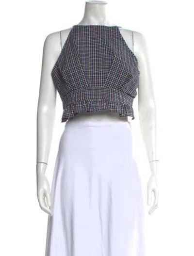 Pre-owned Misa Plaid Print Halterneck Crop Top In Blue