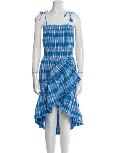 Pre-owned Misa Plaid Print Midi Length Dress In Blue