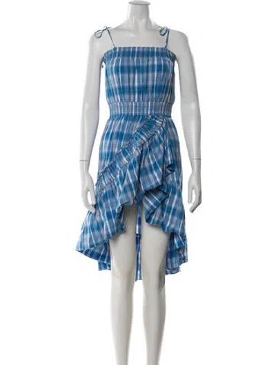 Pre-owned Misa Plaid Print Midi Length Dress In Blue