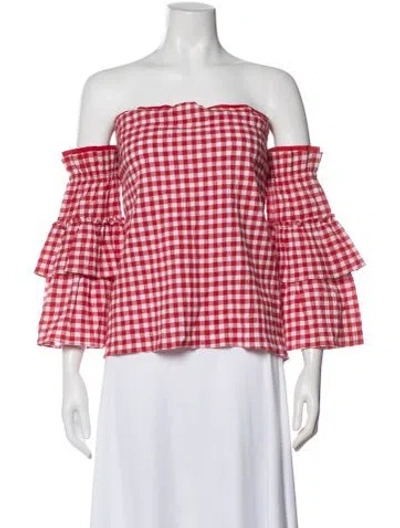 Pre-owned Misa Plaid Print Off-the-shoulder Blouse In Red