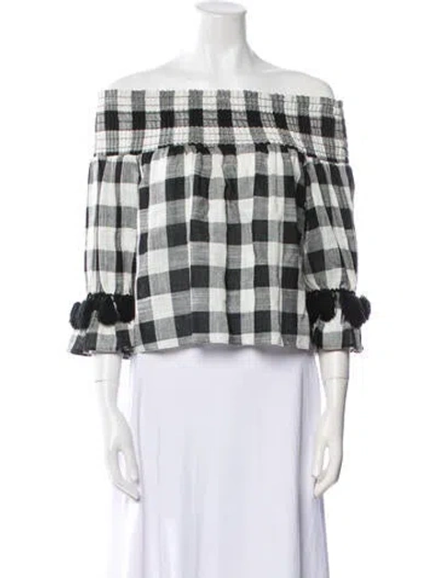 Pre-owned Misa Plaid Print Off-the-shoulder Crop Top In Black