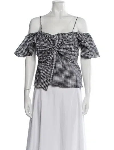 Pre-owned Misa Plaid Print Off-the-shoulder Crop Top In Black
