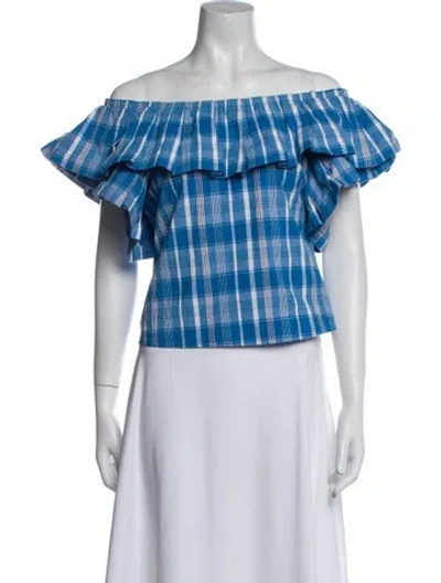 Pre-owned Misa Plaid Print Off-the-shoulder Crop Top In Blue