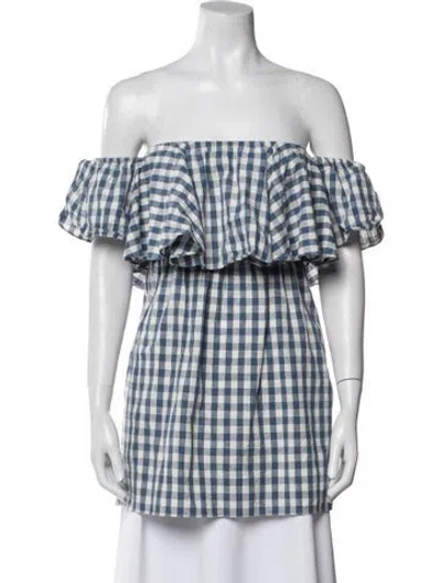 Pre-owned Misa Plaid Print Off-the-shoulder Tunic In Blue