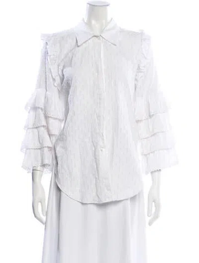 Pre-owned Misa Plaid Print Three-quarter Sleeve Button-up Top In White
