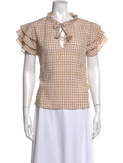 Pre-owned Misa Plaid Print Tie Neck Blouse In Neutral