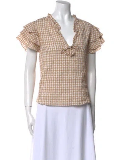 Pre-owned Misa Plaid Print V-neck Blouse In Neutral