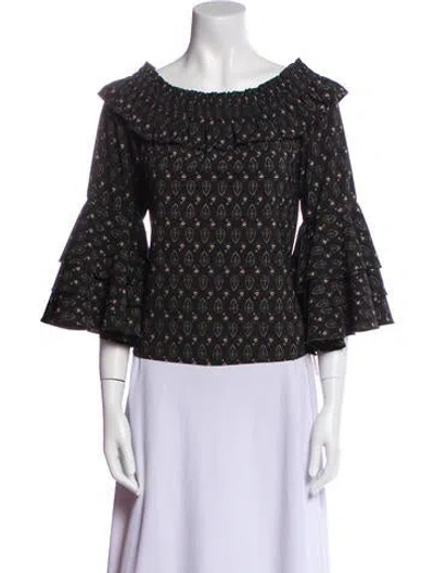 Pre-owned Misa Printed Bateau Neckline Crop Top In Black