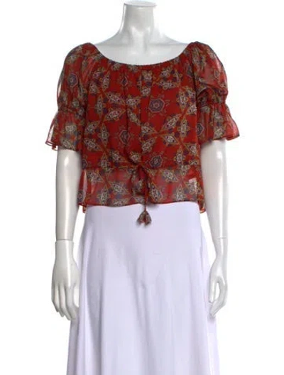Pre-owned Misa Printed Bateau Neckline Crop Top In Red