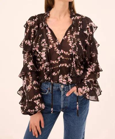 Misa Printed Chiffon Top In Black In Brown