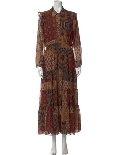 Pre-owned Misa Printed Long Dress In Brown