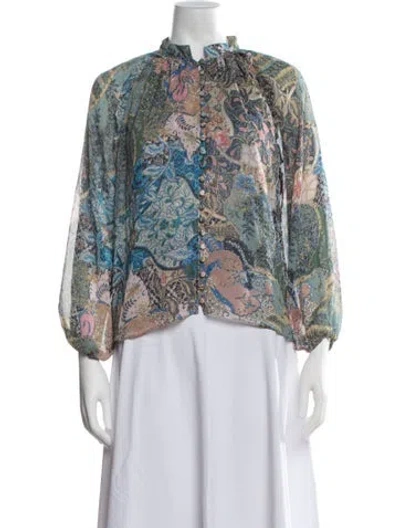 Pre-owned Misa Printed Long Sleeve Blouse In Blue