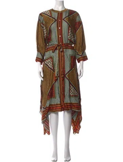 Pre-owned Misa Printed Midi Length Dress In Brown