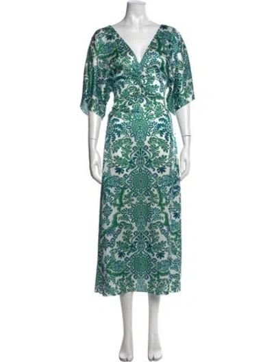 Pre-owned Misa Printed Midi Length Dress In Green