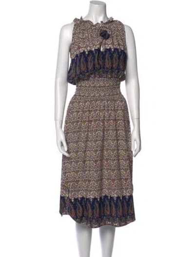 Pre-owned Misa Printed Midi Length Dress In White