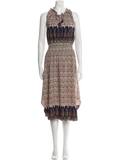 Pre-owned Misa Printed Midi Length Dress In White