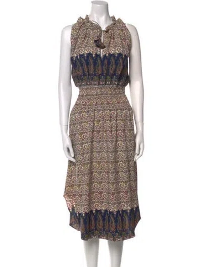 Pre-owned Misa Printed Midi Length Dress In White