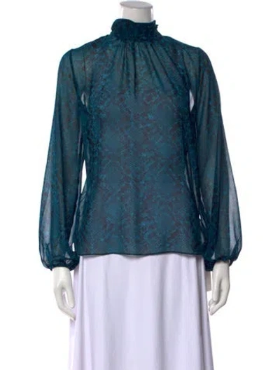 Pre-owned Misa Printed Mock Neck Blouse In Blue