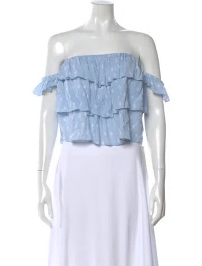 Pre-owned Misa Printed Off-the-shoulder Crop Top In Blue