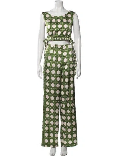 Pre-owned Misa Printed Pant Set In Green