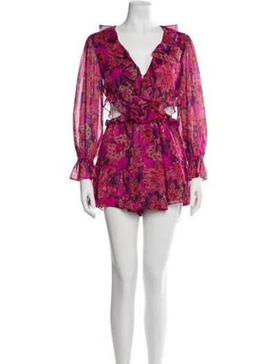 Pre-owned Misa Printed Plunge Neckline Romper In Red