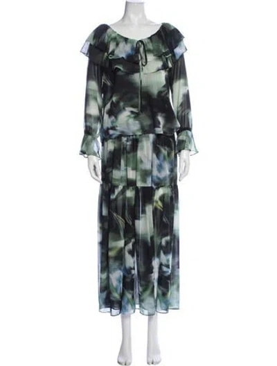 Pre-owned Misa Printed Ruffle Embellishment Skirt Set In Green