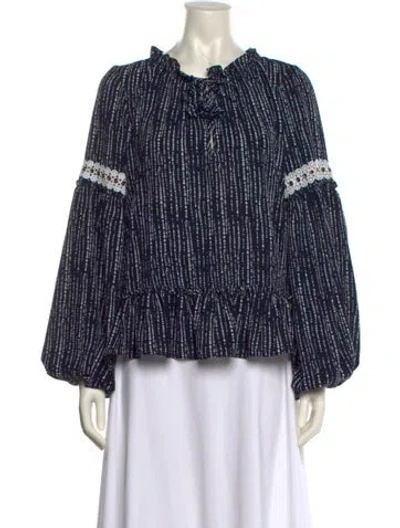 Pre-owned Misa Printed Tie Neck Blouse In Blue