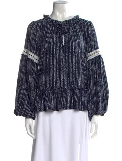 Pre-owned Misa Printed Tie Neck Blouse In Blue