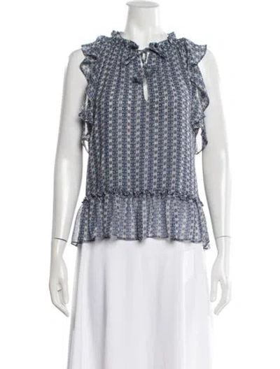 Pre-owned Misa Printed Tie Neck Blouse In Blue