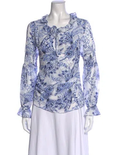 Pre-owned Misa Printed Tie Neck Blouse In Blue