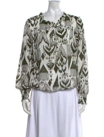 Pre-owned Misa Printed Tie Neck Blouse In Green/white