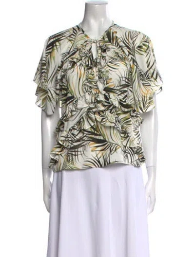 Pre-owned Misa Printed Tie Neck Blouse In White