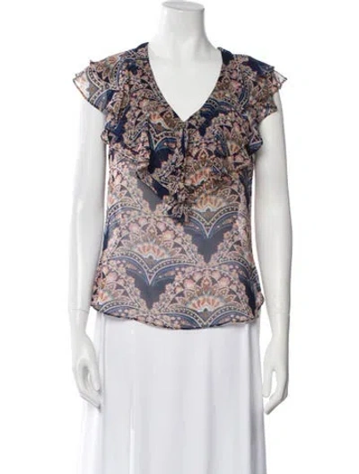 Pre-owned Misa Printed V-neck Blouse In Blue