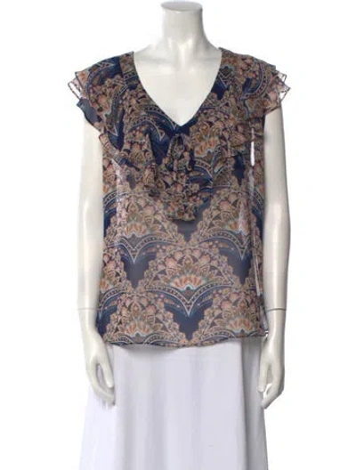 Pre-owned Misa Printed V-neck Blouse In Blue